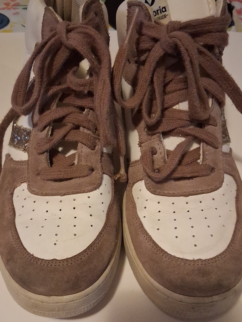Victoria K Taupe Suede and White Leather Sneakers with Glitter Stripe